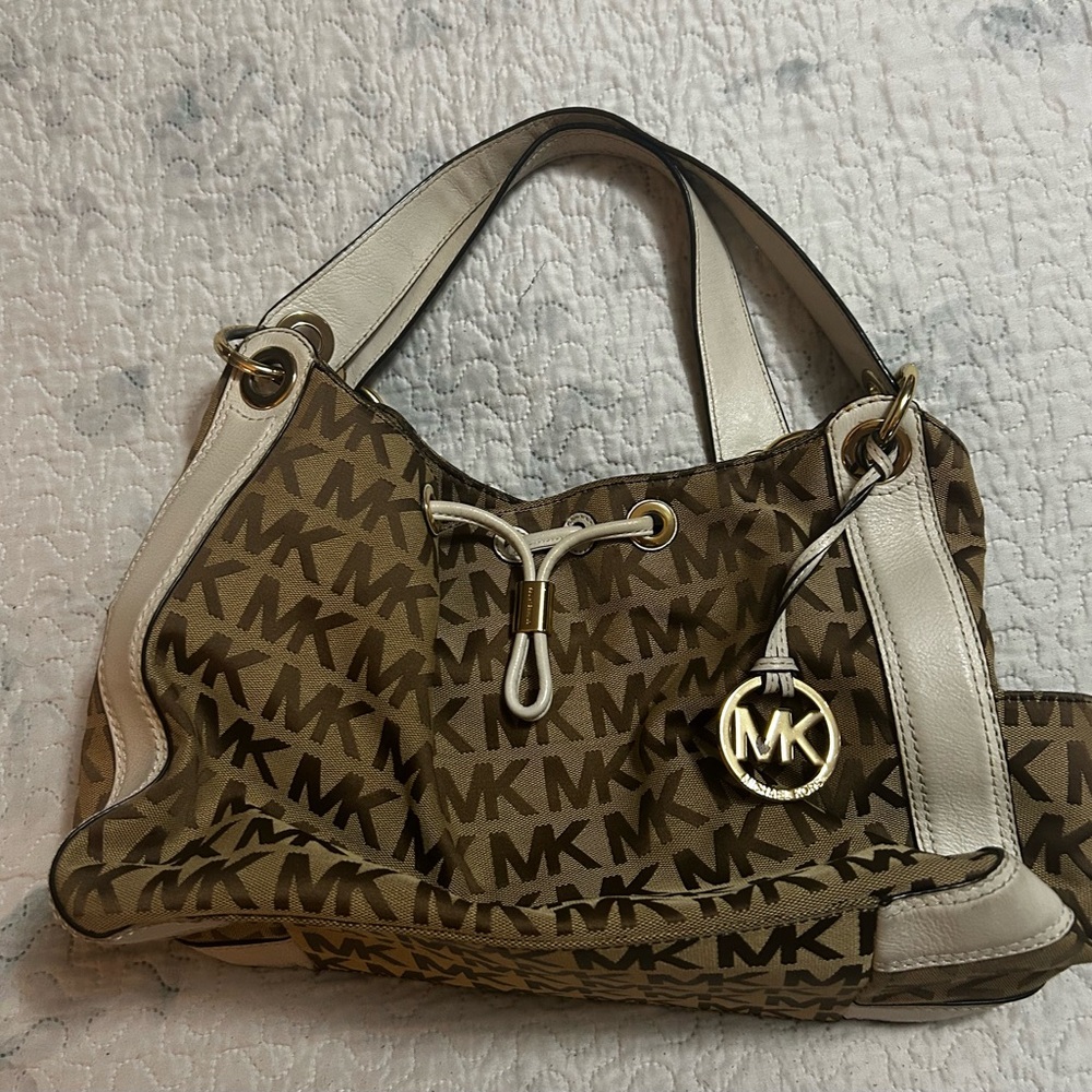 Michael Kors Brown and Cream Shoulder Bag with Monogram Pattern